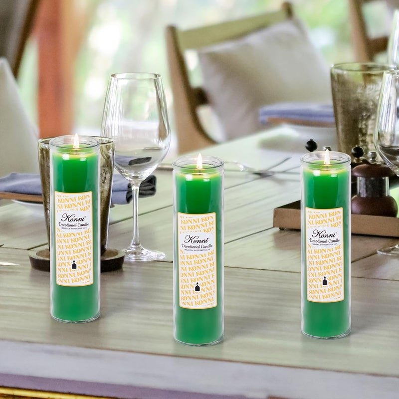KONNI 2x8 Inch Green Pillar Candles in Glass Set of 3, Devotional Prayer Candle, Unscented Religious Candles, 105 Hours Emergency Long Burning, Ideal for Memorials, Vigil, Blessing - Image 5